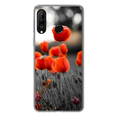 Produktbild von MuchoWow® Handyhülle Schutzhülle Hülle für Huawei P30 Lite Rote Mohnblumen vor schwarzem und weißem Hintergrund Silikon Softcase Handy Hülle - Handyhülle