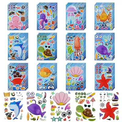 Productafbeelding van Stickervellen make a face - 36 stuks - Oceaan - Vinyl - Voor kinderen - Knutselen