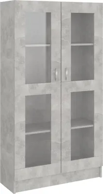 A gray, two-door cabinet with glass panels and shelves.