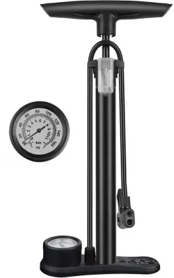Imagen del producto de Bomba de bicicleta - Bomba de bicicleta con manómetro - Cabezal de válvula doble - Válvula Schrader y válvula de retención - Bomba para bicicleta - Compacta, ideal para llevar de viaje o para uso diario - Color