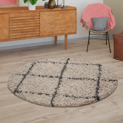 Produktbild von TT Home Wohnzimmer Hochflor Teppich Shaggy Modernes Rauten Design In Skandi Optik Größe 200 cm Rund