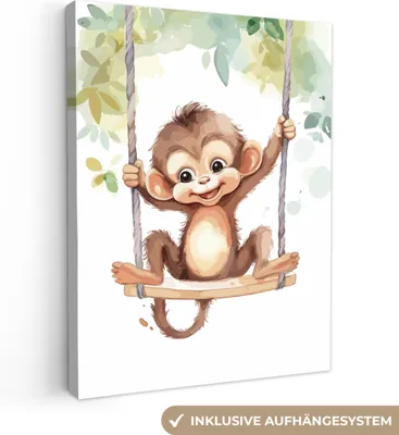 Produktbild von MuchoWow® - Leinwandbilder - Affe - Tier - Kinder - Dschungel, Wandbild, Wanddeko Bilder Wohnzimmer, 90x120cm
