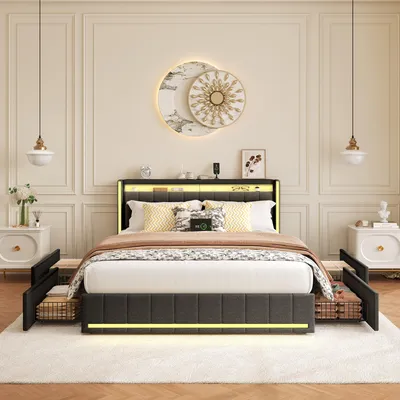 Image de Lit Rembourré 160 X 200 Cm, Tête De Lit LED, 4 Tiroirs Et Fonction De Charge USB, Lin, Beige