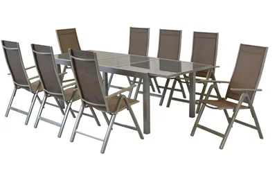 A patio dining set with a table and chairs, displayed on a white background.
