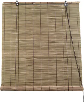 A rolled-up bamboo blind hanging against a white background.