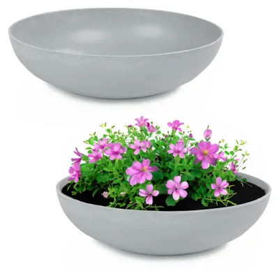 Image de Jardinière ronde ventrue de 37 cm pour l'extérieur, gris clair marbré