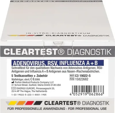 Produktbild von Cleartest Adenovirus / RSV / Influenza A + B, Kombitest, Schnelltest, 10 Tests