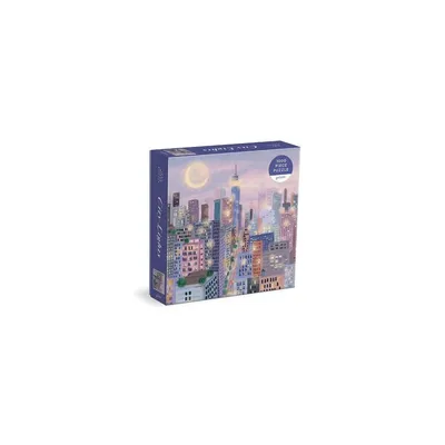 A box of a jigsaw puzzle with a city lights theme.