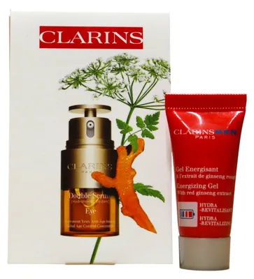 Produktbild von Set Clarins: Men Energising Day & Night Gel For Face 5 ml *Miniature + Double Eye Anti-Ageing Eye Serum 3 ml *Miniature + Clarins GWP Textile Pouch Blue
