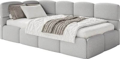 Obrázek produktu pro Selsey Cloudy – dětská postel 120 cm, úložný prostor, bouclé, čelo vlevo, světle šedá
