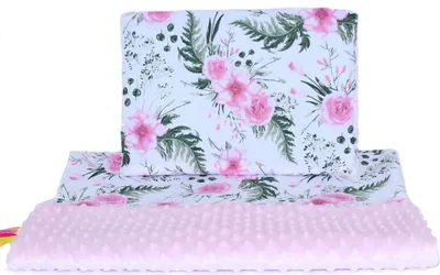 Produktbild von Minky Baby Kinderwagenset Kuscheldecke Kinder Decke Kissen 50 x70 cm 5. Flowers + Rosa