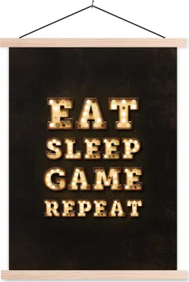 Produktbild von MuchoWow® Textilposter Spiele - Spiele - Zitate - Sprichwörter - Eat sleep game repeat 40x53 cm mit holzfarbenen Rahmen - Schlafzimmer
