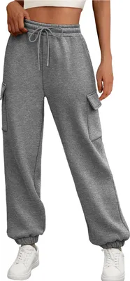 Produktbild von ASKSA Damen Hose Cargohose Trainingshose Kordelzug Sporthose Jogginghose High Waist Loose Warme Fleece mit Taschen (Grau,M)