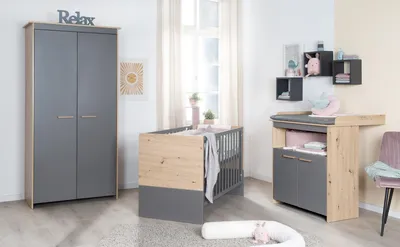 Produktbild von roba Babyzimmer Set Anna 3-teilig - Baby- & Beistellbett 60 x 120 cm + Wickelkommode + Kinderkleiderschrank 2-türig - Anthrazit / Nachbildung Kent Eiche