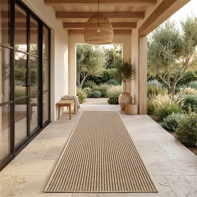 Image de Tapis d'extérieur, résistant aux intempéries, pour balcon ou salon, style bohème, motif uni, aspect sisal, couleur marron/beige, dimensions 80x250 cm, productTiles.product.images.aiGenerated