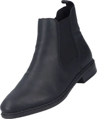 A black Chelsea boot is shown against a white background.