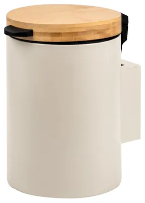 Image de Poubelle cosmétique ronde murale Bremermann avec couvercle en bambou, 3 litres, support mural inclus pour collage ou perçage, beige