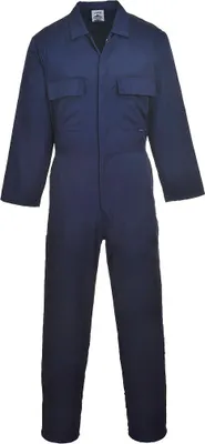 A navy blue work overall is shown against a white background.