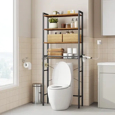 Produktbild von VASAGLE Toilettenregal, Badezimmerregal mit verstellbaren Ablagen, Gitterkorb, Föhnhalter, Haken