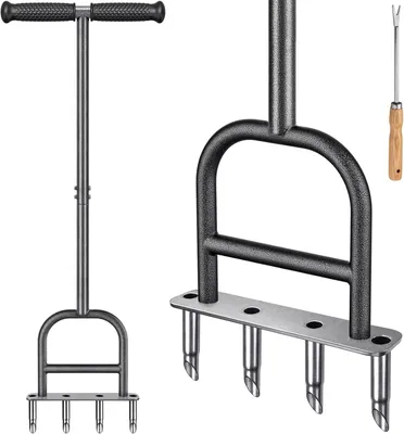 Zdjęcie produktu dla Aerator do trawnika 93 cm, 4 zęby, stal nierdzewna i stal, z długim trzonkiem, do ogrodu