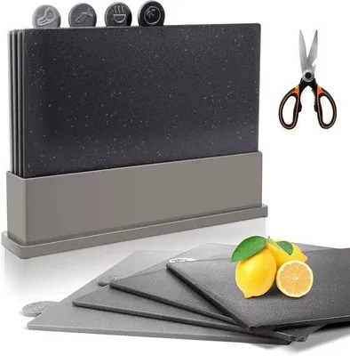 Produktbild von Famanu Schneidebrettset mit Halter - Kunststoff - 4 Bretter mit Indexlabels