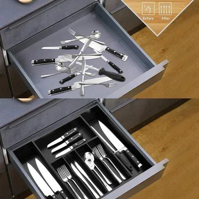 Image de Organisateur de tiroir extensible en bambou pour couverts - séparateurs de tiroir pour couverts, organiseur en bois - ustensiles de cuisine, couverts, noir
