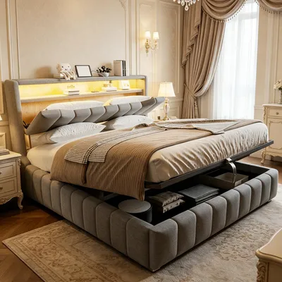 Immagine prodotto di Letto imbottito MODFU, matrimoniale 180x200, con contenitore, sistema di sollevamento idraulico, illuminazione LED, struttura del letto con prese USB e USB-C, senza materasso, colore grigio