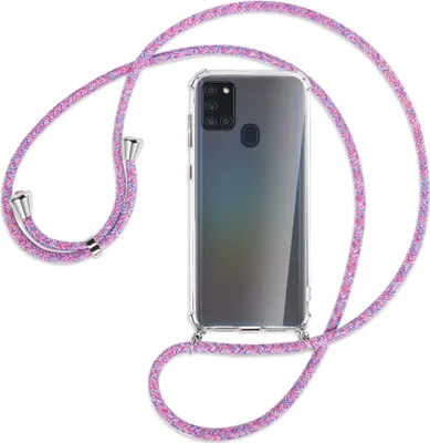 Produktbild von Handykette Backcover-Schutzhülle mit Band (Metall silberfarben) für Samsung Galaxy A21s - lila/rosa/blau