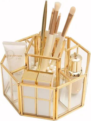 Produktbild von Drehbarer Pinselhalter 5-fach Make-up-Organizer Glas goldfarben