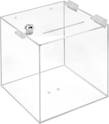 Produktbild von Unyqoos® Losbox aus Acrylglas, transparent – 200×200×200 mm, abschließbar mit Schloss & 2 Schlüsseln, Einwurfschlitz 3×120 mm für Karten, Lose, Münzen