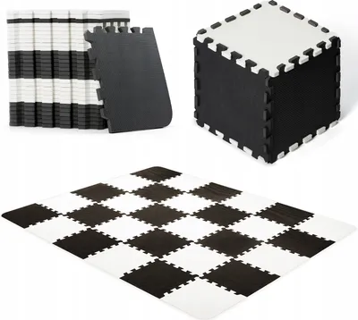 A collage of black and white foam play mats, shown stacked, assembled into a cube, and laid out in a checkerboard pattern.