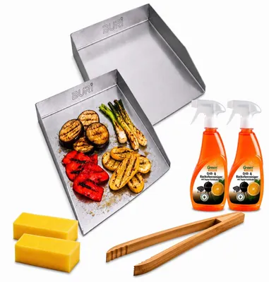 Produktbild von 2er Plancha Grillplatte 30x20 cm offen mit Grillzange & Grillreiniger Set