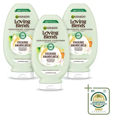 Imagen del producto de 3 unidades de acondicionador nutritivo de leche de almendras Garnier Loving Blends, 250 ml cada uno. Paquete de ahorro