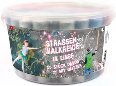 Zdjęcie produktu dla jamasia 999206 JAMASIA Kreda do malowania po chodniku z brokatem, 50 sztuk w plastikowym wiadrze