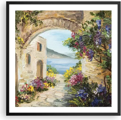 Produktbild von Gerahmtes Poster - Schwarzer Rahmen - Haus Santorini Blumen - 60x60 cm - Wand Bild - Wanddeko - Wandbilder - Kunstposter - Wandposter - Bilderrahmen - Bilder - Kunstdruck - Wandbild - P2BAC60x60-4191