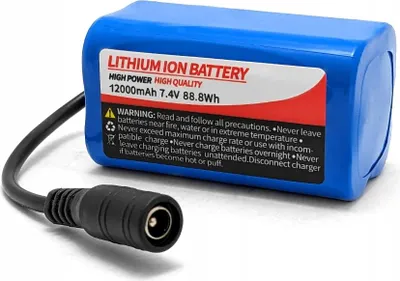 A blue lithium-ion battery pack with a black cable and connector.