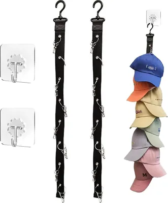 Produktbild von Hutenspeicher Organizer - 2 Stück Hutregal mit 16 Edelstahlclips und 2 Selbstklebenden Haken - Hängender Hutorganizer für Ballhüte, Golfcaps und Sportmützen