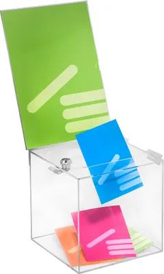 Produktbild von Losbox aus Acrylglas in 200x200x200mm mit Schloß und Topschild DIN A4 Hoch - Zeigis® / Spendenbox / Aktionsbox / Gewinnspielbox / transparent / durchsichtig / Acryl /abschließbar / versperrbar