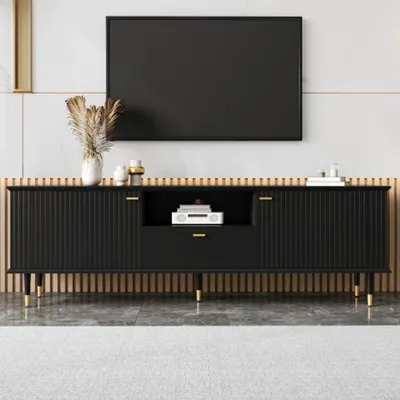 Produktbild von TV-Schrank mit offenen Fächern und Schubladen, TV-Ständer, Soft-Close-Scharniere Konsolentisch