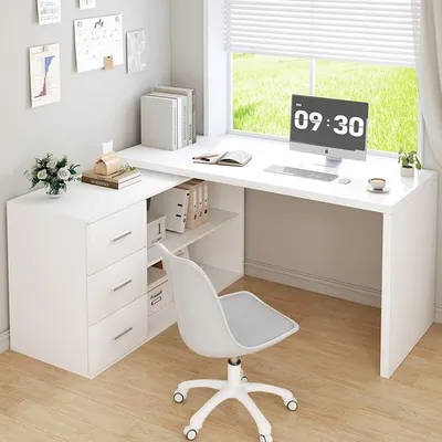 Produktbild von Schreibtisch L Form Modern Eckschreibtisch Computertisch mit 3 Schubladen und 2 Regalen Wendbarer Eckschreibtisch mit Stauraum für Homeoffice Bürotisch Schreibtisch Weiß 140 cm