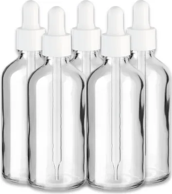 Produktbild von 5x Farblose Glasflasche 100 ml mit weißer Pipette Kosmetikflasche 18mm