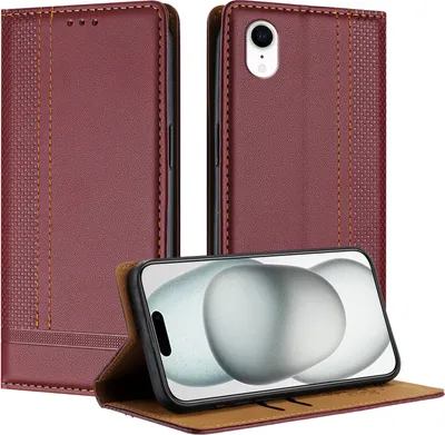 Image de Coque pour iPhone XR en cuir avec fonction stand Rouge foncé