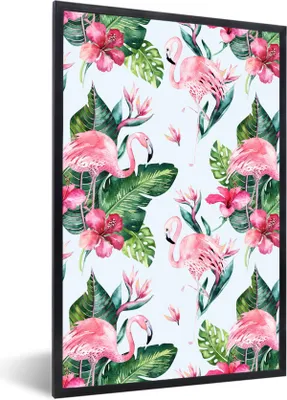 Produktbild von MuchoWow® MuchoWow® Gerahmtes Poster Muster - Blätter - Flamingo 40x60 cm - Poster mit zchwarzem Bilderrahmen - Papierdruck - Wandbilder