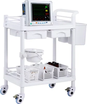 Produktbild von VEVOR Laborwagen mit 2 Ebenen, Laborwagen mit 2 Ablagen, 2 Schubladen und 4 leisen Rädern, mobiler medizinischer Wagen aus PP-Material, Laborrollwagen mit 3 Mülleimern für Labor, Klinik, Krankenhaus, Salon, weiß