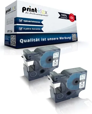 Two label maker cartridges are shown in front of a product box.