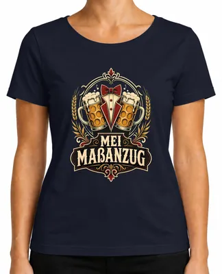 Imagen del producto de Camisa tradicional para , estilo "dirndl" para mujer, color azul marino, talla M. Incluye detalles como cerveza, jarra de cerveza y ropa tradicional. También se puede usar como camiseta