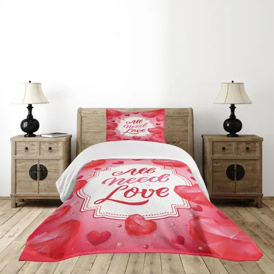 Obrázok produktu pre ABAKUHAUS Všetko, čo potrebuješ, je láska Sada prehozu, romantický odkaz v ráme obklopenom srdcami, 170 x 220 cm, bledo ružová tmavo koralová