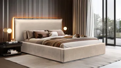 Produktbild von Polsterbett Doppelbett Bett AMADA 160x200cm in Stoff Ditra Hellbeige