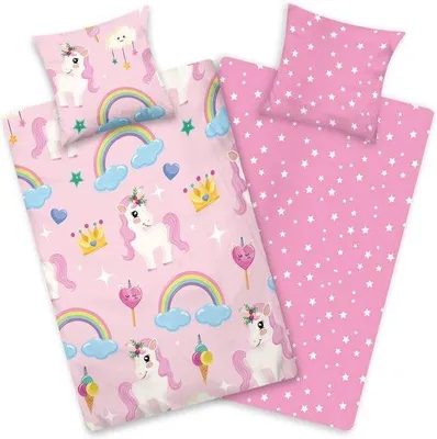 Immagine prodotto di Biancheria da letto Unicorno Arcobaleno 135x200 cm per bambine, morbido cotone rosa