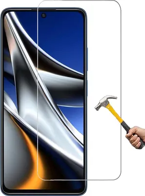 A screen protector for a smartphone is shown, with a hammer about to strike it to demonstrate its durability.